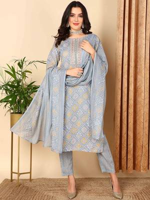 grey color embroidered poly cotton styles kurta trouser with dupatta 1
