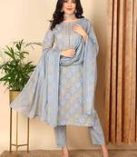 grey color embroidered poly cotton styles kurta trouser with dupatta