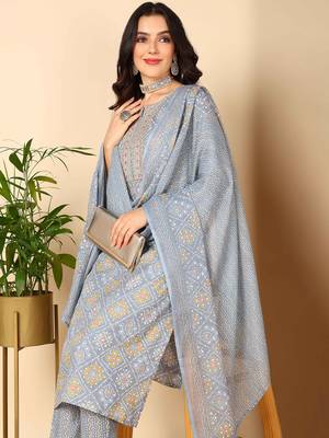 grey color embroidered poly cotton styles kurta trouser with dupatta 2