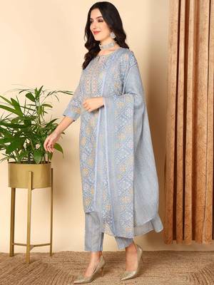 grey color embroidered poly cotton styles kurta trouser with dupatta 3