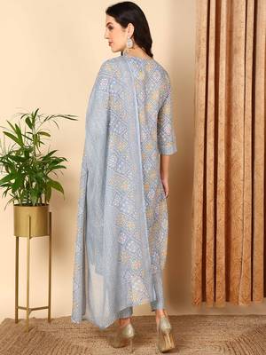 grey color embroidered poly cotton styles kurta trouser with dupatta 4