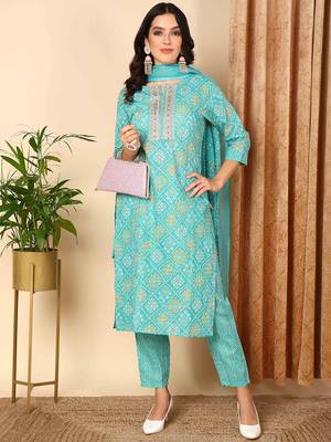 turquoise blue color embroidered poly cotton styles kurta trouser with dupatta 1