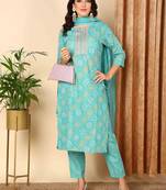 turquoise blue color embroidered poly cotton styles kurta trouser with dupatta