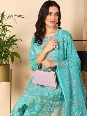 turquoise blue color embroidered poly cotton styles kurta trouser with dupatta 2