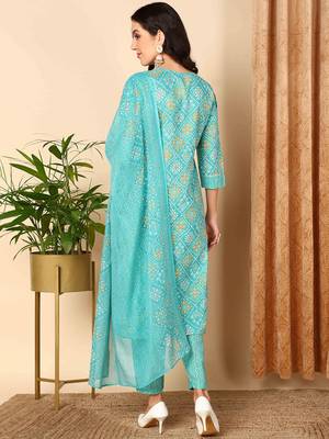 turquoise blue color embroidered poly cotton styles kurta trouser with dupatta 3
