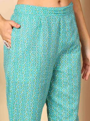 turquoise blue color embroidered poly cotton styles kurta trouser with dupatta 4