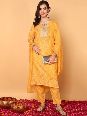 yellow color embroidered poly cotton styles kurta trouser with dupatta 1