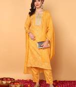 yellow color embroidered poly cotton styles kurta trouser with dupatta