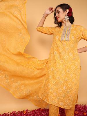 yellow color embroidered poly cotton styles kurta trouser with dupatta 2