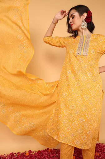 yellow color embroidered poly cotton styles kurta trouser with dupatta