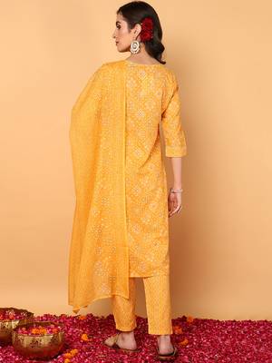 yellow color embroidered poly cotton styles kurta trouser with dupatta 3