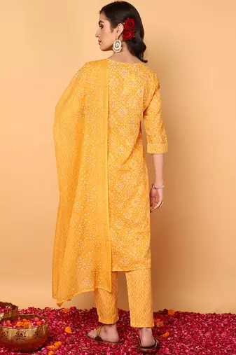 yellow color embroidered poly cotton styles kurta trouser with dupatta