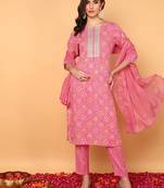 pink color embroidered poly cotton styles kurta trouser with dupatta