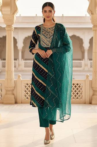 navy blue color yoke design viscose rayon styles kurta trouser with dupatta