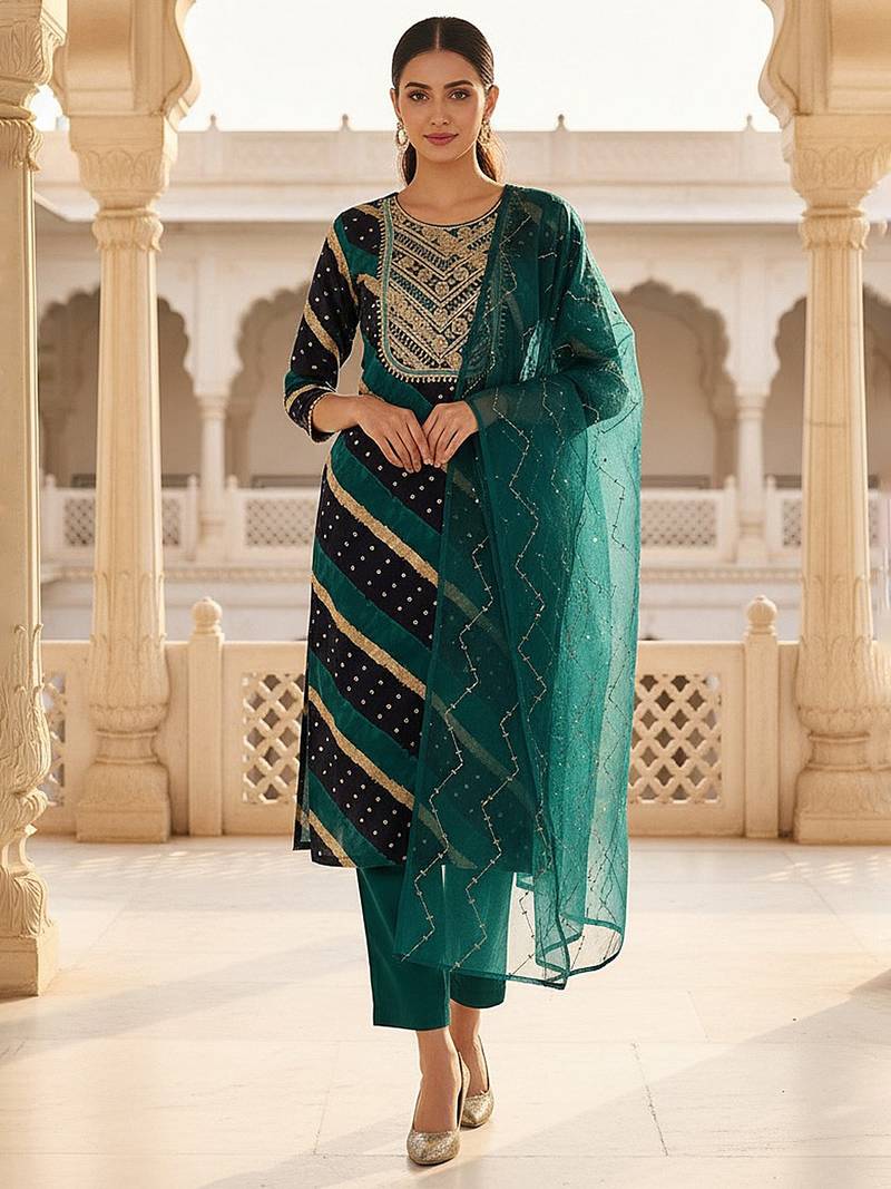 navy blue color yoke design viscose rayon styles kurta trouser with dupatta