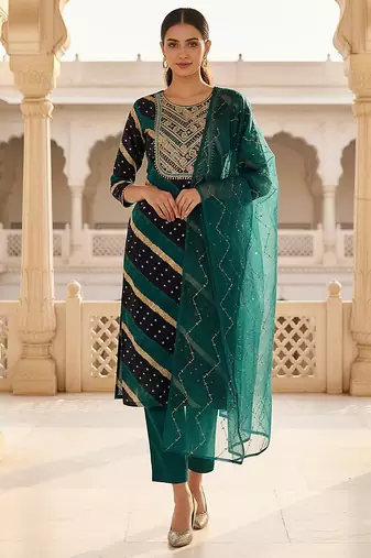 navy blue color yoke design viscose rayon styles kurta trouser with dupatta