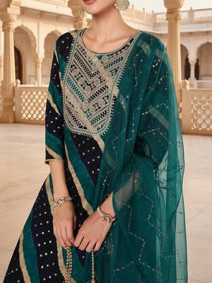 navy blue color yoke design viscose rayon styles kurta trouser with dupatta 2
