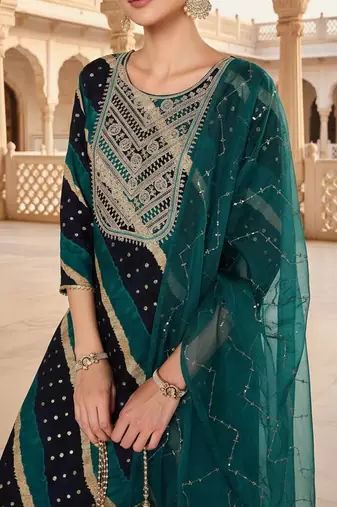 navy blue color yoke design viscose rayon styles kurta trouser with dupatta