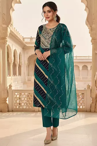 navy blue color yoke design viscose rayon styles kurta trouser with dupatta