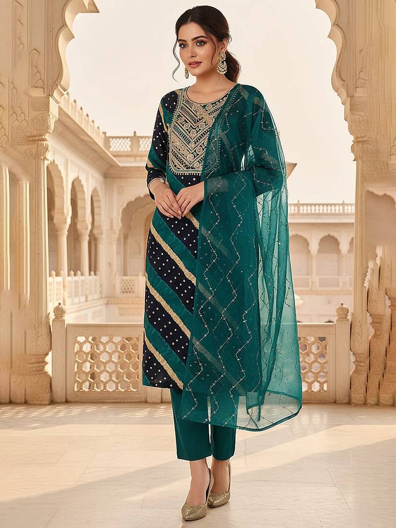 navy blue color yoke design viscose rayon styles kurta trouser with dupatta