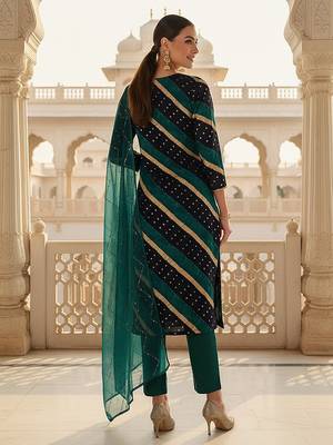 navy blue color yoke design viscose rayon styles kurta trouser with dupatta 4