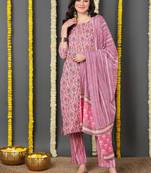 pink color printed rayon blend styles kurta trouser with dupatta