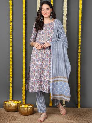 Grey Blended Cotton Floral Printed Kurti Set with Dupatta 1