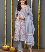 Grey Blended Cotton Floral Printed Kurti Set with Dupatta