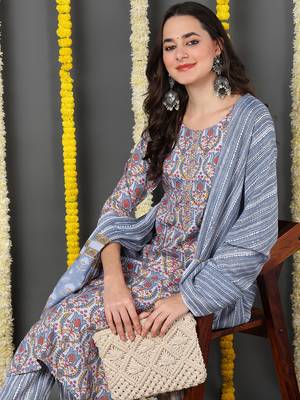 Grey Blended Cotton Floral Printed Kurti Set with Dupatta 2