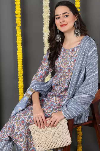 Grey Blended Cotton Floral Printed Kurti Set with Dupatta