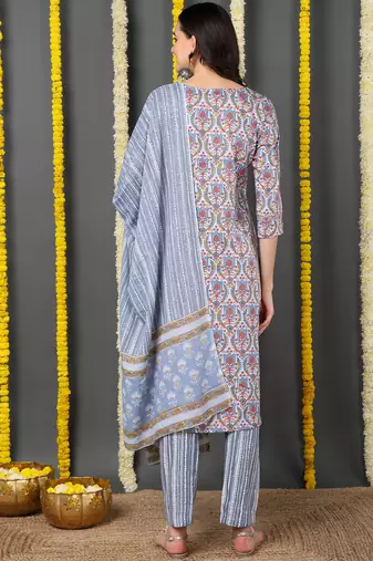 Grey Blended Cotton Floral Printed Kurti Set with Dupatta