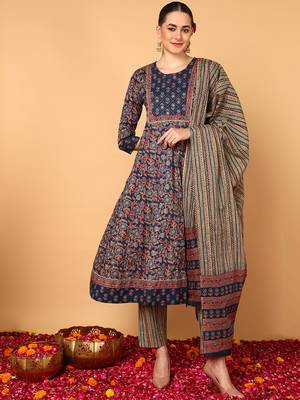 blue color printed pure cotton styles kurta trouser with dupatta 1