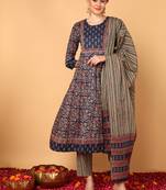 blue color printed pure cotton styles kurta trouser with dupatta