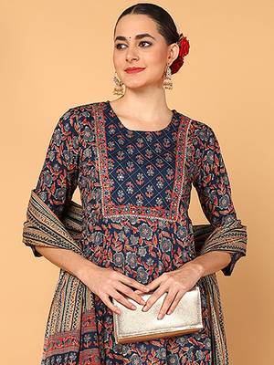 blue color printed pure cotton styles kurta trouser with dupatta 2