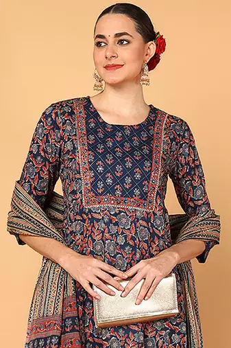 blue color printed pure cotton styles kurta trouser with dupatta