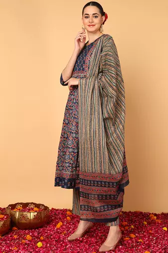 blue color printed pure cotton styles kurta trouser with dupatta