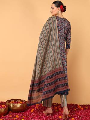blue color printed pure cotton styles kurta trouser with dupatta 4