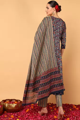 blue color printed pure cotton styles kurta trouser with dupatta