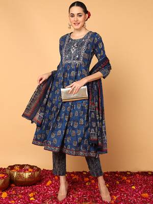 blue color printed pure cotton styles kurta trouser with dupatta 1