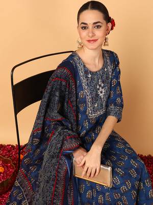 blue color printed pure cotton styles kurta trouser with dupatta 2