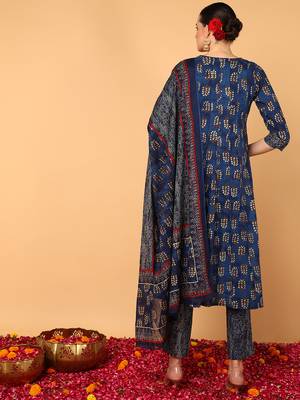 blue color printed pure cotton styles kurta trouser with dupatta 3