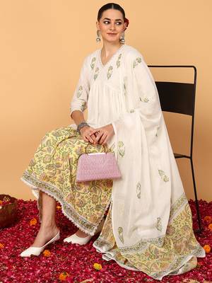 off white color printed pure cotton styles kurta trouser with dupatta 1