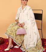 off white color printed pure cotton styles kurta trouser with dupatta