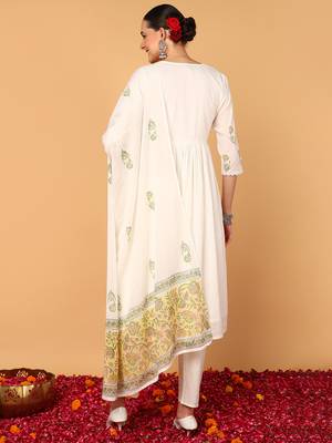 off white color printed pure cotton styles kurta trouser with dupatta 2