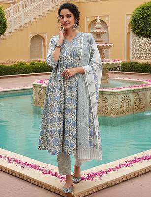 white color printed rayon blend styles kurta trouser with dupatta 1