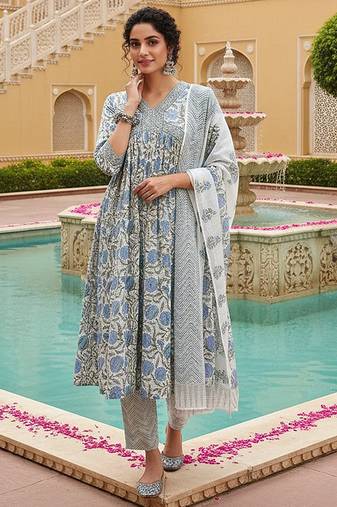 white color printed rayon blend styles kurta trouser with dupatta