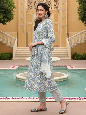white color printed rayon blend styles kurta trouser with dupatta 3