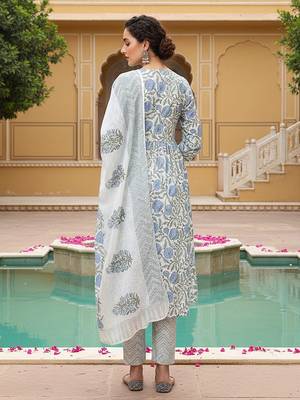 white color printed rayon blend styles kurta trouser with dupatta 4