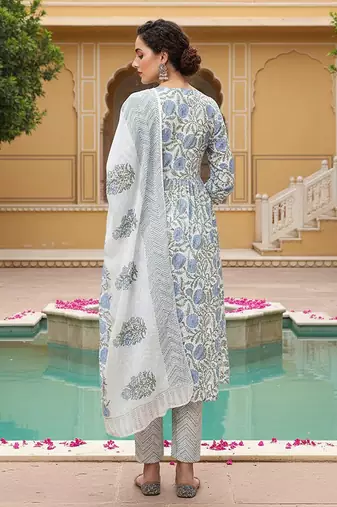 white color printed rayon blend styles kurta trouser with dupatta