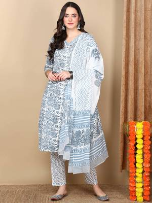 white color printed pure cotton styles kurta trouser with dupatta 1